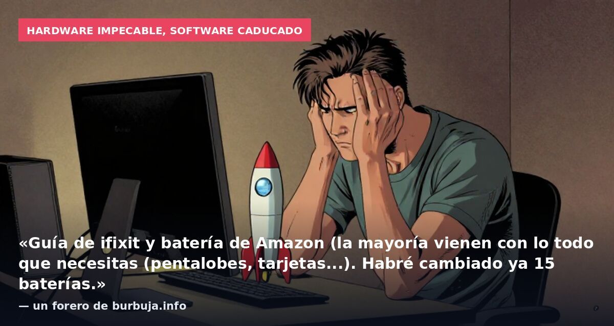 Hardware impecable, software caducado: «Guía de ifixit y batería de Amazon (la mayoría vienen con lo todo que necesitas (pentalobes, tarjetas...). Habré cambiado ya 15 baterías.» — un forero de burbuja.info