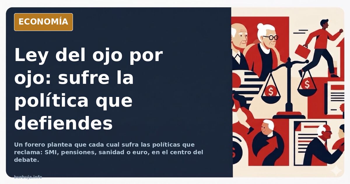 Ilustración editorial de una balanza con la ley del ojo por ojo y políticas públicas como el SMI, las pensiones y la sanidad