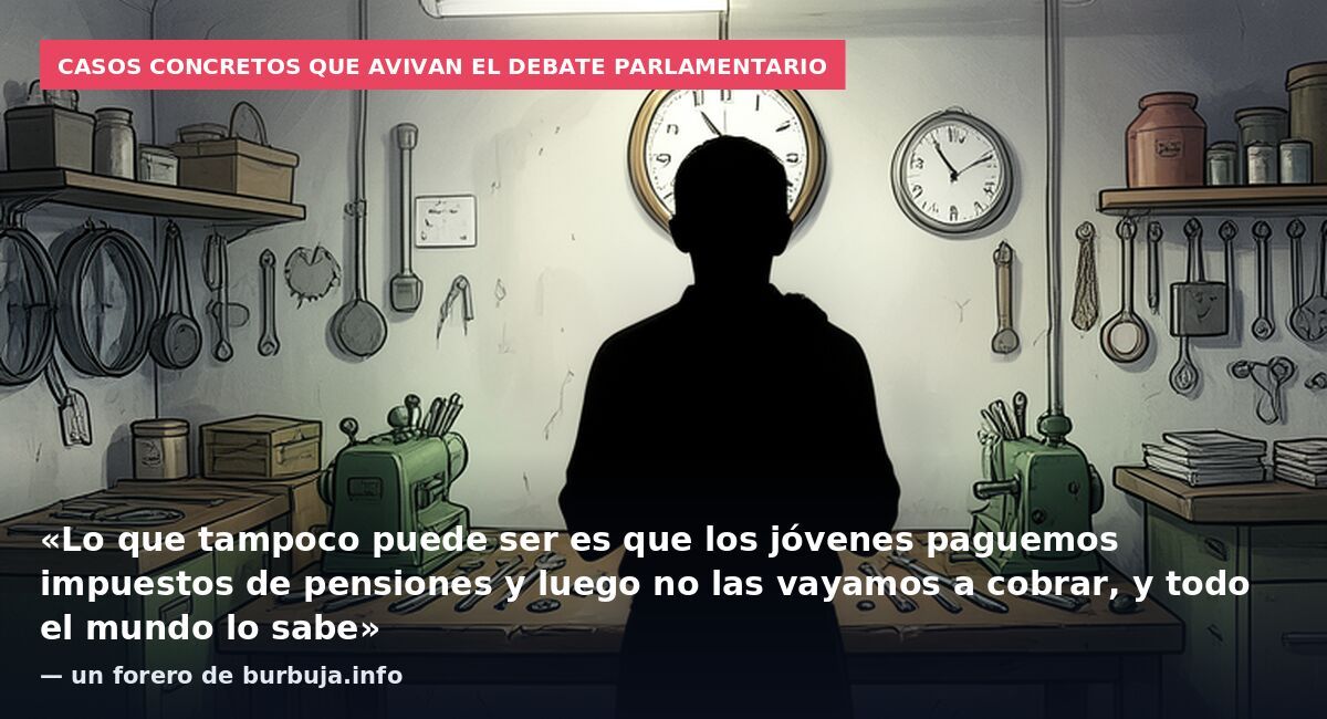 Casos concretos que avivan el debate parlamentario: «Lo que tampoco puede ser es que los jóvenes paguemos impuestos de pensiones y luego no las vayamos a cobrar, y todo el mundo lo sabe» — un forero de burbuja.info