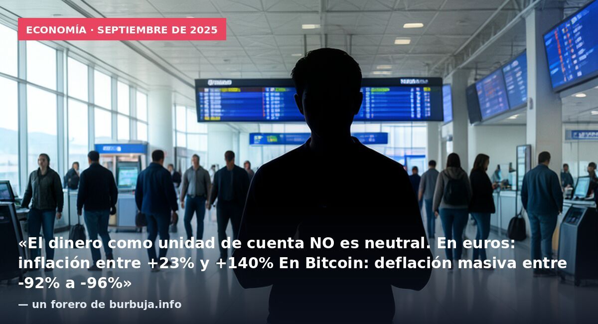 Economía · septiembre de 2025: «El dinero como unidad de cuenta NO es neutral. En euros: inflación entre +23% y +140% En Bitcoin: deflación masiva entre -92% a -96%» — un forero de burbuja.info
