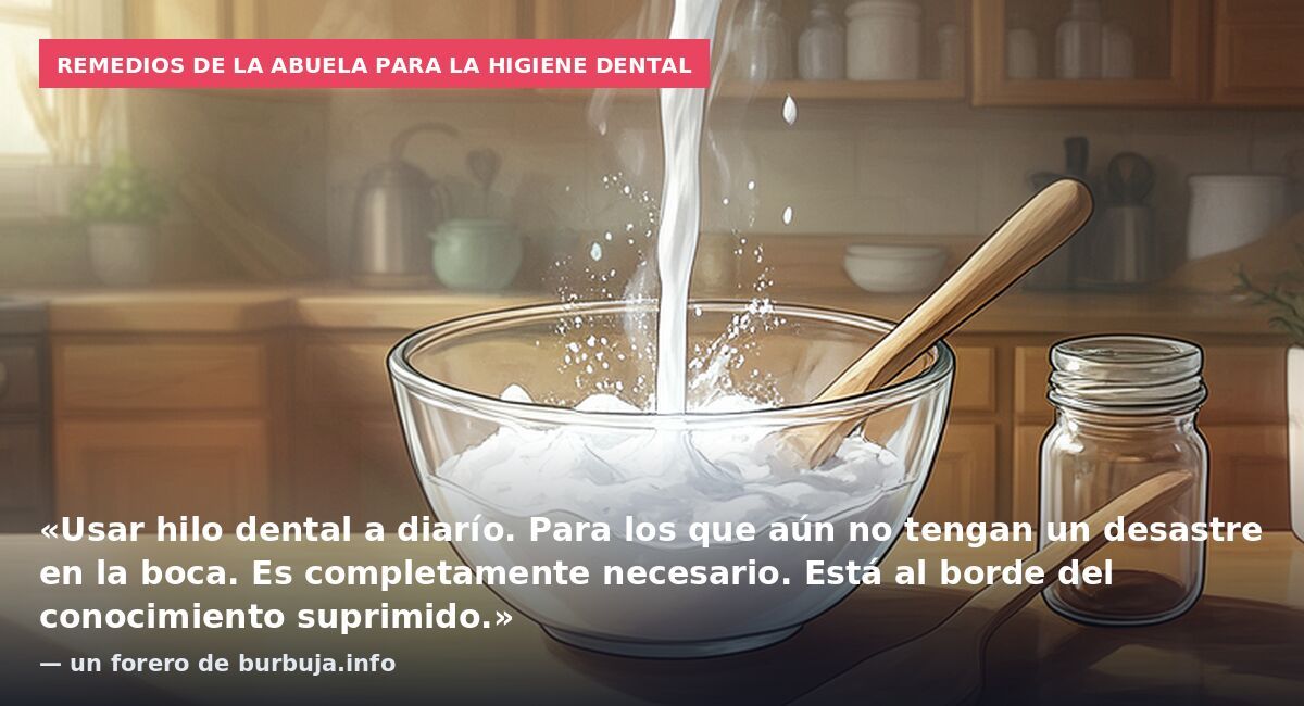 Remedios de la abuela para la higiene dental: «Usar hilo dental a diarío. Para los que aún no tengan un desastre en la boca. Es completamente necesario. Está al borde del conocimiento suprimido.» — un forero de burbuja.info