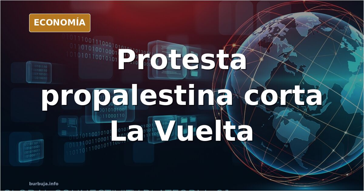Ilustración editorial de una carretera de montaña cortada por manifestantes con banderas durante una etapa de La Vuelta