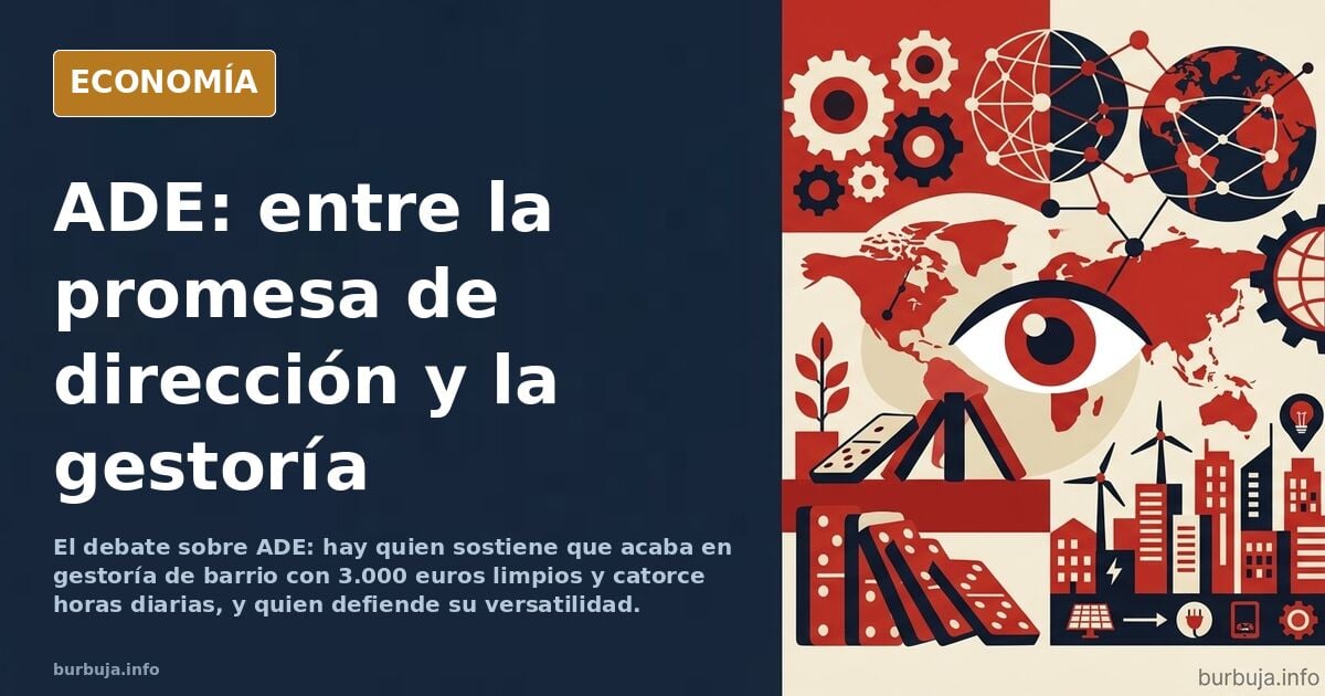 Ilustración editorial sobre la carrera de ADE y el debate entre formación universitaria y salidas laborales