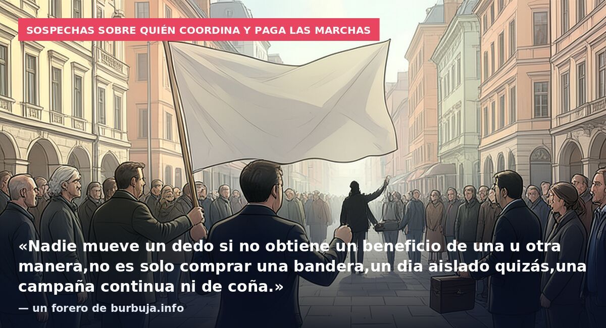 Sospechas sobre quién coordina y paga las marchas: «Nadie mueve un dedo si no obtiene un beneficio de una u otra manera,no es solo comprar una bandera,un dia aislado quizás,una campaña continua ni de coña.» — un forero de burbuja.info