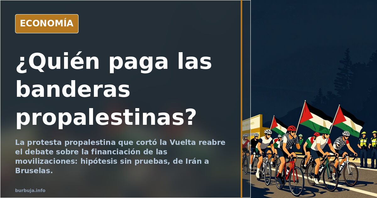Banderas palestinas y pancartas en una protesta callejera junto a una carretera ciclista, con ciclistas detenidos al fondo