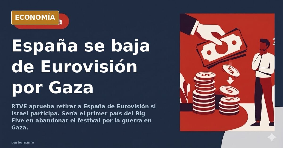 Sede de RTVE con banderas institucionales y un micrófono de Eurovisión apagado sobre fondo azul marino