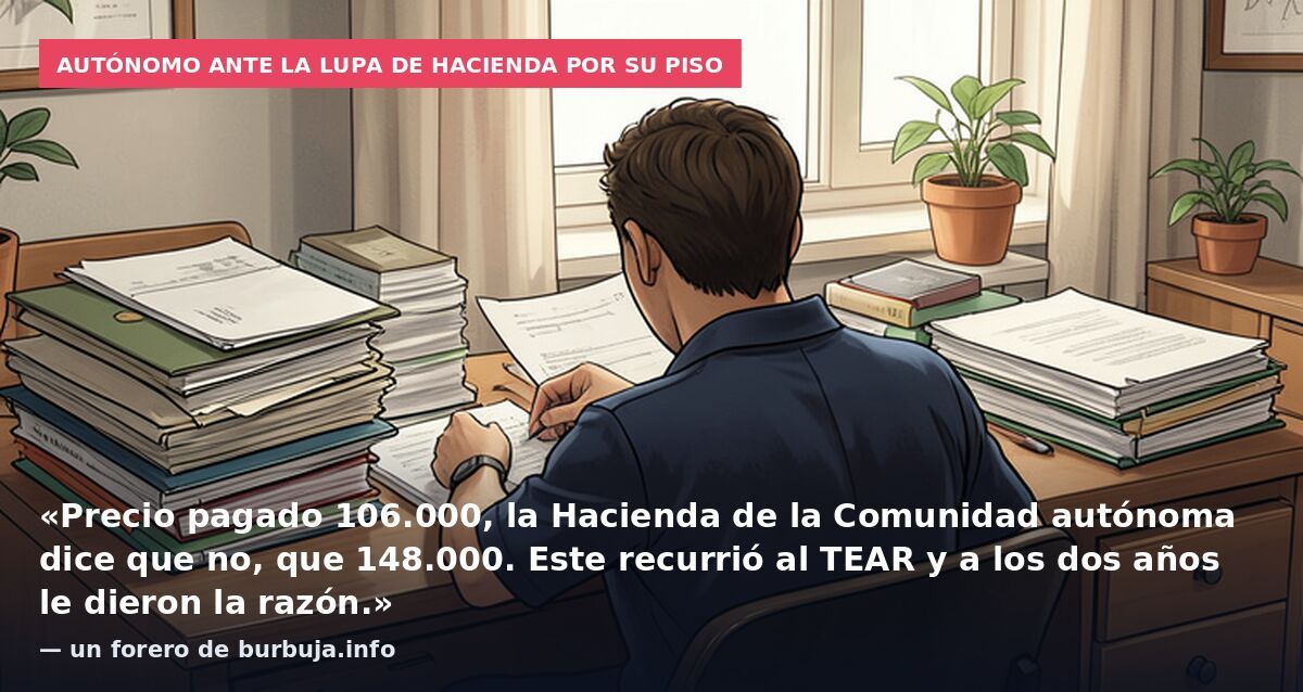 Autónomo ante la lupa de Hacienda por su piso: «Precio pagado 106.000, la Hacienda de la Comunidad autónoma dice que no, que 148.000. Este recurrió al TEAR y a los dos años le dieron la razón.» — un forero de burbuja.info