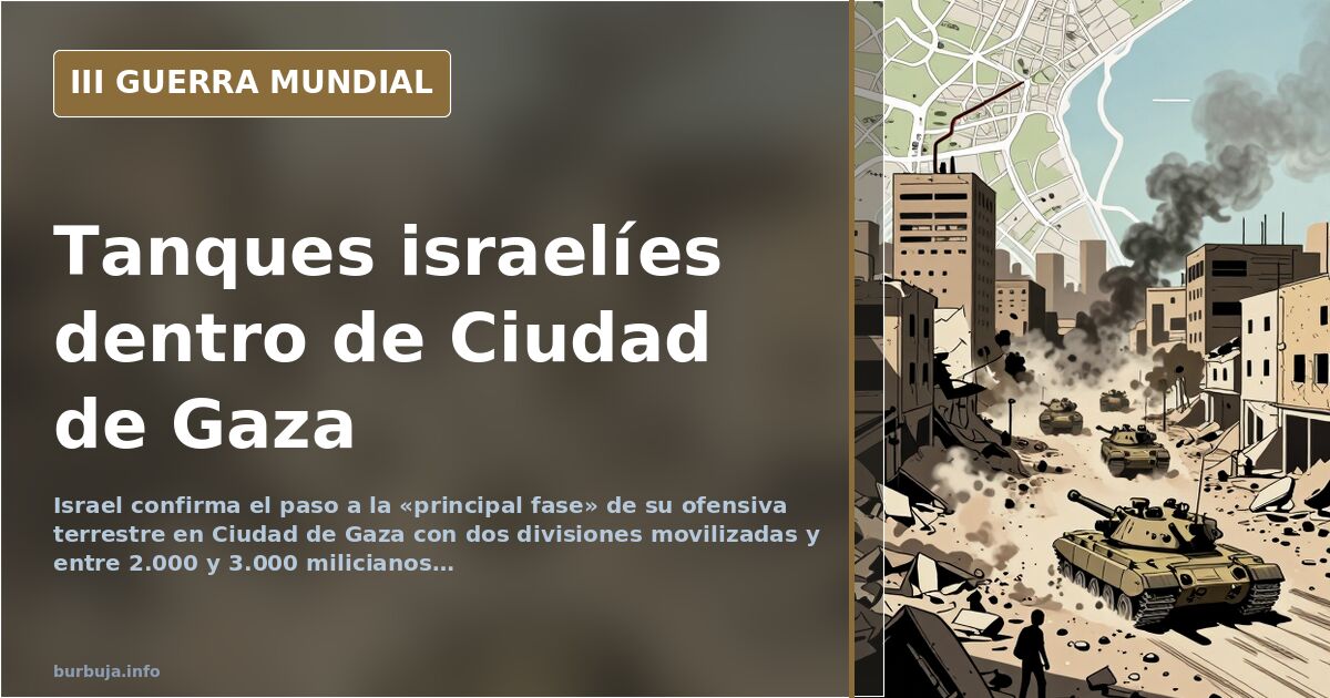 Silueta de tanques israelíes avanzando hacia Ciudad de Gaza con columnas de humo al fondo y mapa de la Franja superpuesto