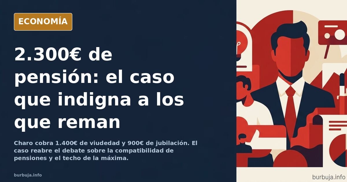 Ilustración editorial de una mujer mayor con dos cheques de pensión frente a una fila de trabajadores jóvenes