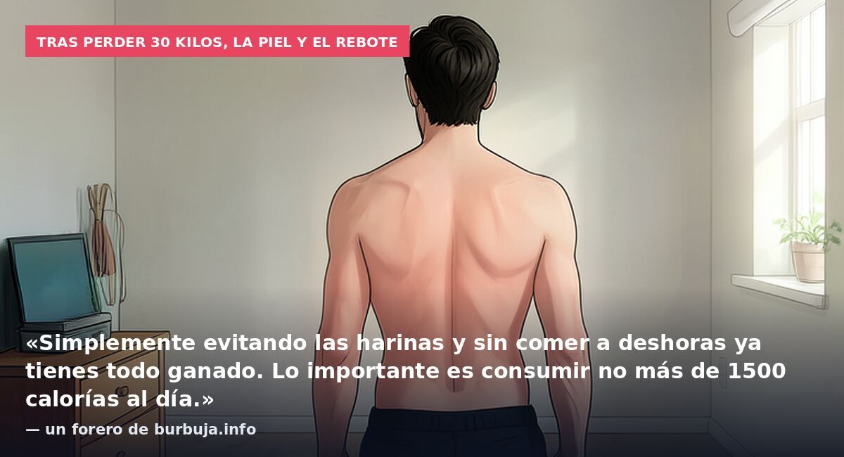 Tras perder 30 kilos, la piel y el rebote: «Simplemente evitando las harinas y sin comer a deshoras ya tienes todo ganado. Lo importante es consumir no más de 1500 calorías al día.» — un forero de burbuja.info