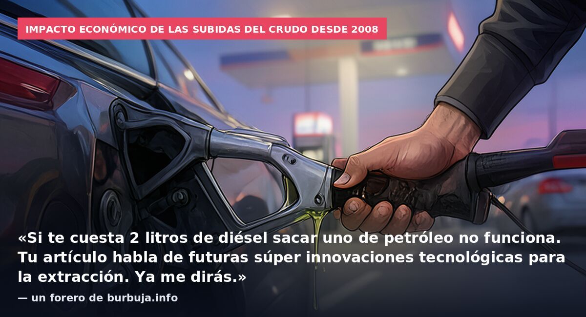 Impacto económico de las subidas del crudo desde 2008: «Si te cuesta 2 litros de diésel sacar uno de petróleo no funciona. Tu artículo habla de futuras súper innovaciones tecnológicas para la extracción. Ya me dirás.» — un forero de burbuja.info