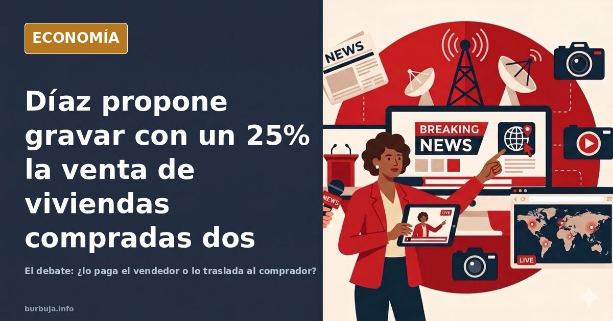 Ilustración editorial de una vivienda con una etiqueta de precio y un sello fiscal del 25% sobre la fachada