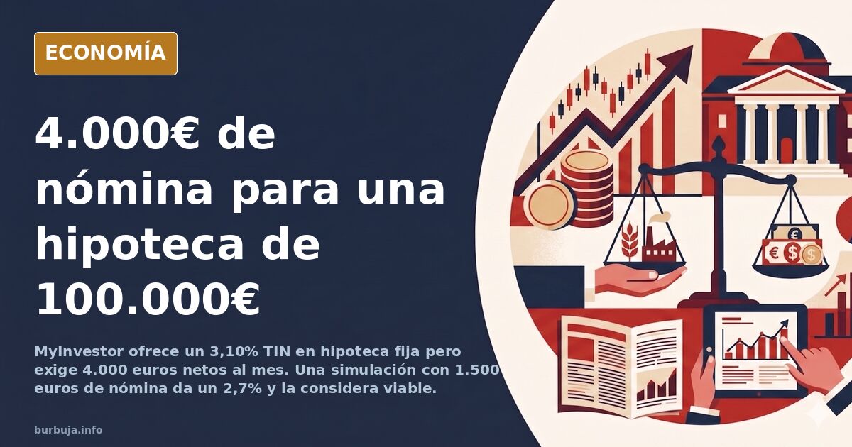 Ilustración editorial de una calculadora y un contrato de hipoteca sobre una mesa, con cifras y gráficos de fondo en tonos az