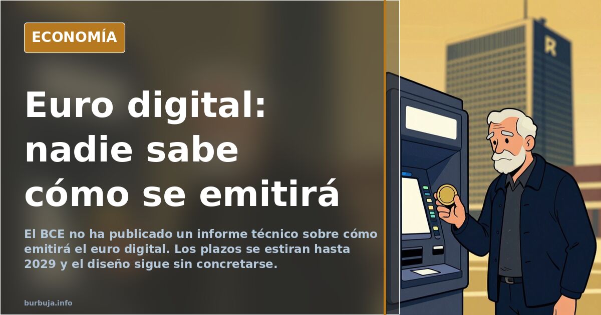 Ilustración editorial de una moneda digital europea con engranajes y una balanza sobre fondo azul marino y dorado