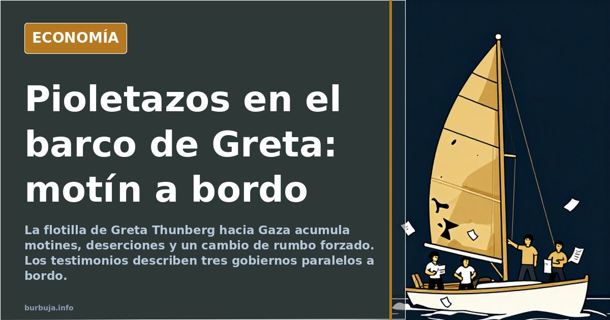Ilustración editorial de un barco con banderas y figuras discutiendo en cubierta, símbolo del motín en la flotilla de Greta h