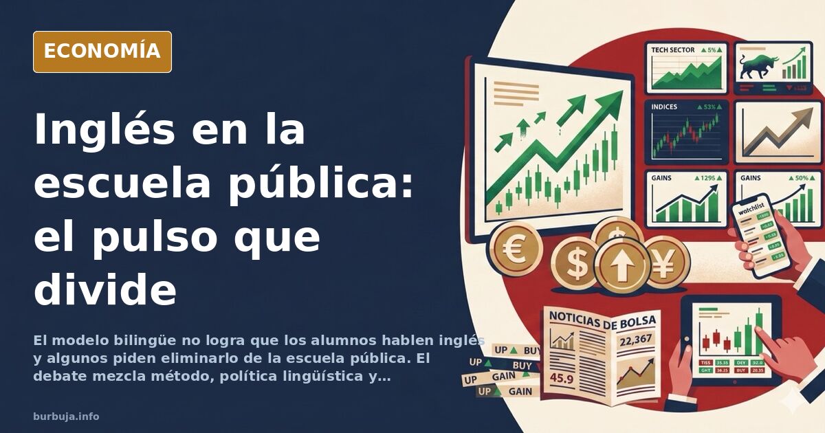 Ilustración editorial de un aula española con libros de texto y símbolos de idiomas, en tonos azul marino y dorado