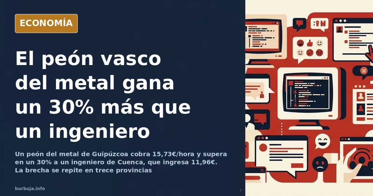 Ilustración editorial de un operario industrial y un ingeniero con gráficos salariales comparativos en azul marino y dorado