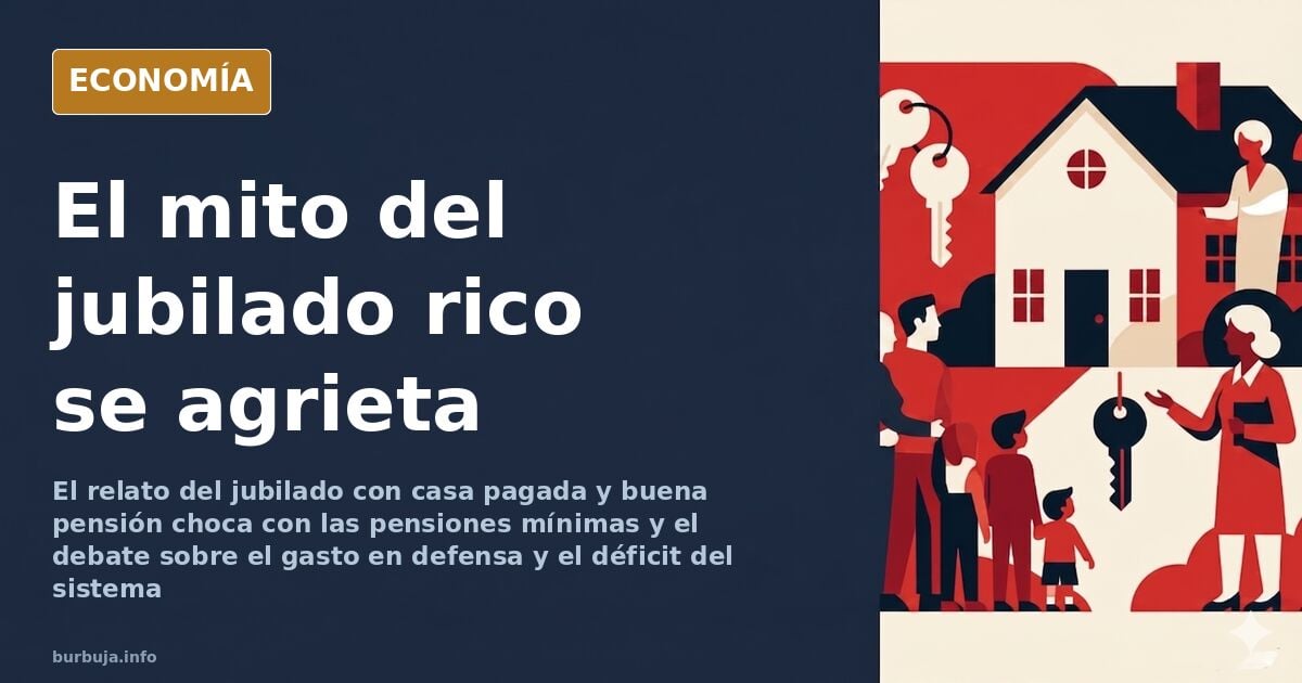 Ilustración editorial de un pensionista con casa en propiedad frente a una balanza que compara pensiones altas y bajas
