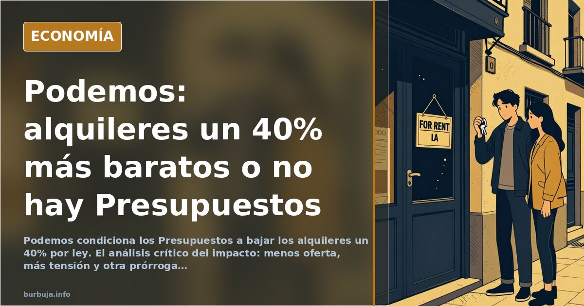 Ilustración editorial de un edificio de viviendas con una etiqueta de precio colgada y una tijera cortando el importe del alq