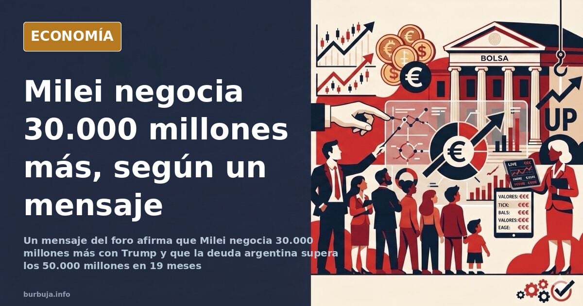 Ilustración editorial de la deuda argentina con gráfico ascendente y silueta de edificio gubernamental en azul marino y dorad