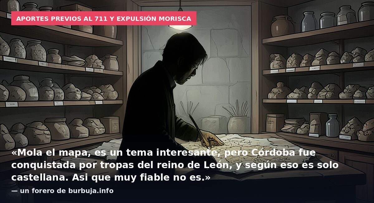 Aportes previos al 711 y expulsión morisca: «Mola el mapa, es un tema interesante, pero Córdoba fue conquistada por tropas del reino de León, y según eso es solo castellana. Asi que muy fiable no es.» — un forero de burbuja.info
