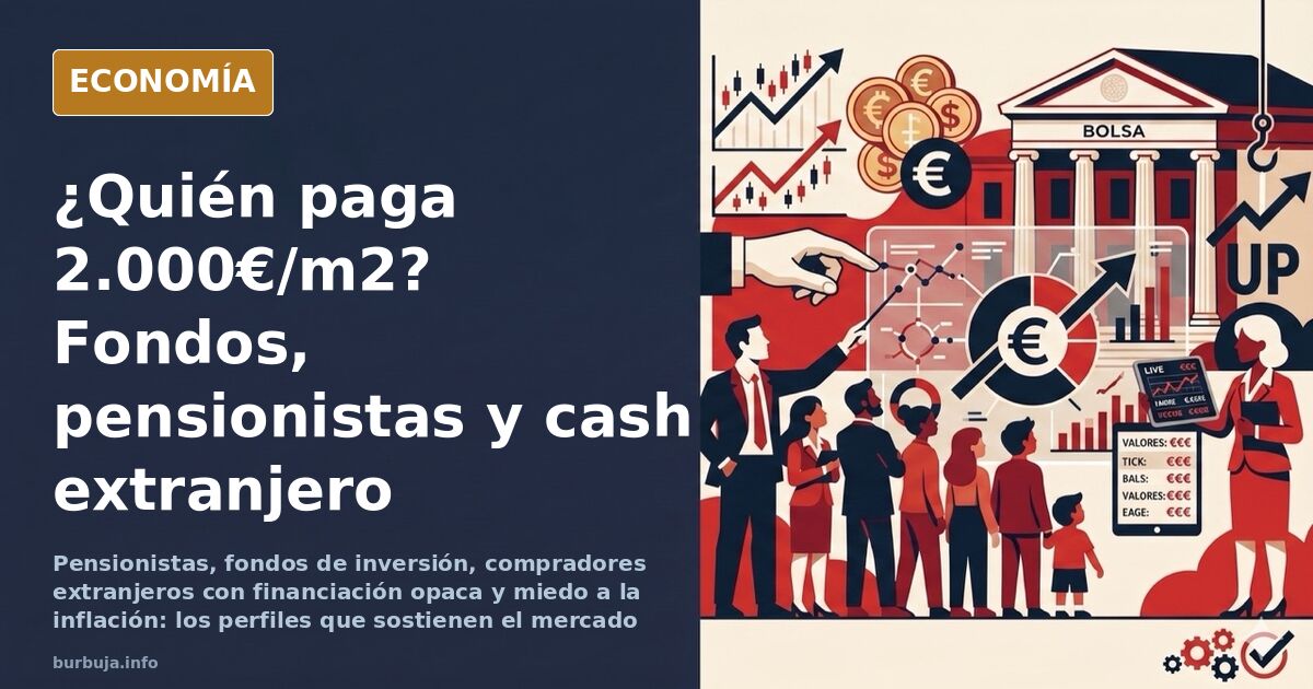 Ilustración editorial de un edificio de viviendas con una cola de compradores de perfiles muy distintos esperando frente a la