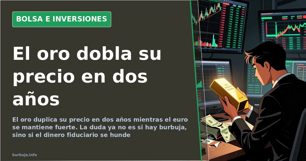 Gráfico de velas con una línea ascendente que refleja la subida del precio del oro en los últimos dos años sobre fondo oscuro