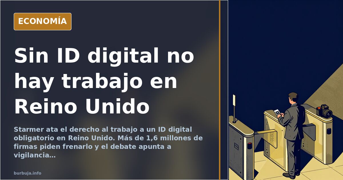 Ilustración editorial de un teléfono móvil mostrando un carné de identidad digital obligatorio para trabajar en Reino Unido