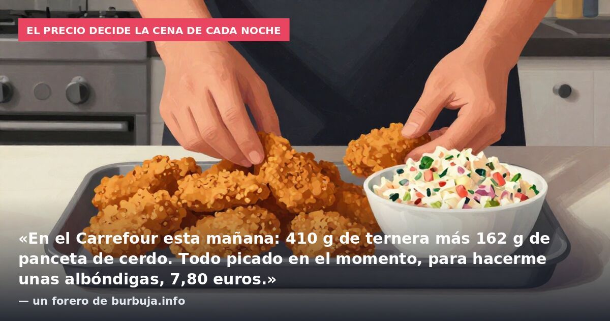 El precio decide la cena de cada noche: «En el Carrefour esta mañana: 410 g de ternera más 162 g de panceta de cerdo. Todo picado en el momento, para hacerme unas albóndigas, 7,80 euros.» — un forero de burbuja.info