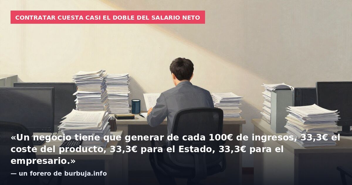 Contratar cuesta casi el doble del salario neto: «Un negocio tiene que generar de cada 100€ de ingresos, 33,3€ el coste del producto, 33,3€ para el Estado, 33,3€ para el empresario.» — un forero de burbuja.info