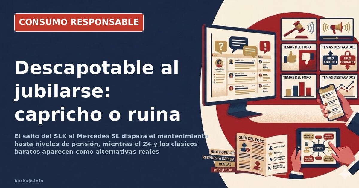 Descapotable deportivo con techo de lona aparcado en garaje, símbolo del capricho de jubilación y su coste de mantenimiento