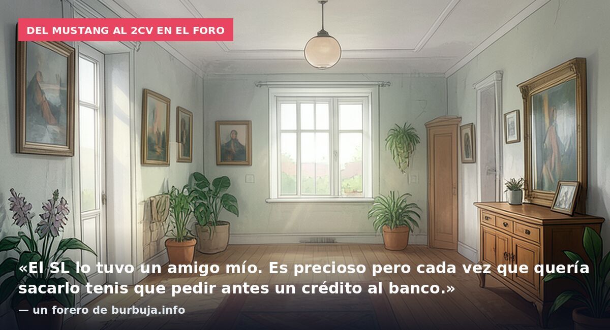 Del Mustang al 2CV en el foro: «El SL lo tuvo un amigo mío. Es precioso pero cada vez que quería sacarlo tenis que pedir antes un crédito al banco.» — un forero de burbuja.info