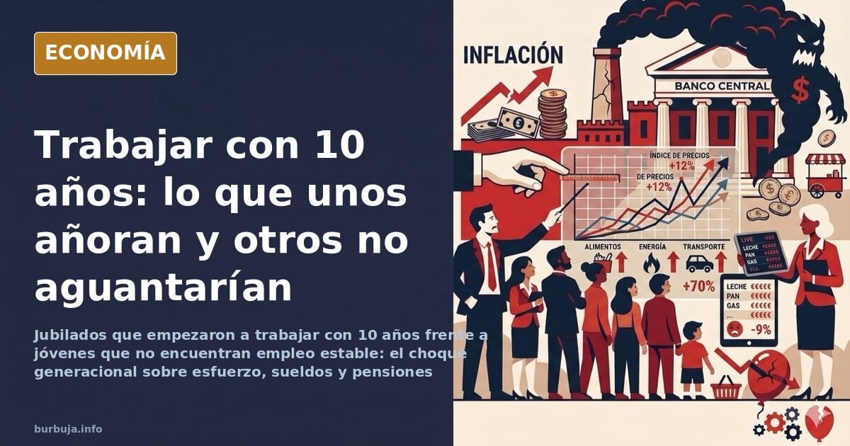 Ilustración editorial de dos siluetas generacionales separadas por una brecha económica bajo un cielo azul marino y detalles 
