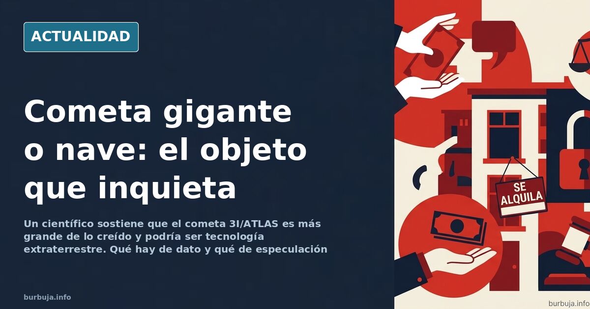 Ilustración editorial de un cometa 3I/ATLAS acercándose a la Tierra sobre un fondo de cielo nocturno y siluetas urbanas