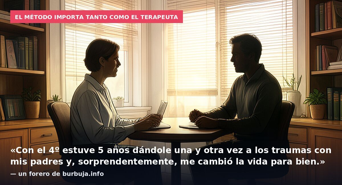 El método importa tanto como el terapeuta: «Con el 4º estuve 5 años dándole una y otra vez a los traumas con mis padres y, sorprendentemente, me cambió la vida para bien.» — un forero de burbuja.info