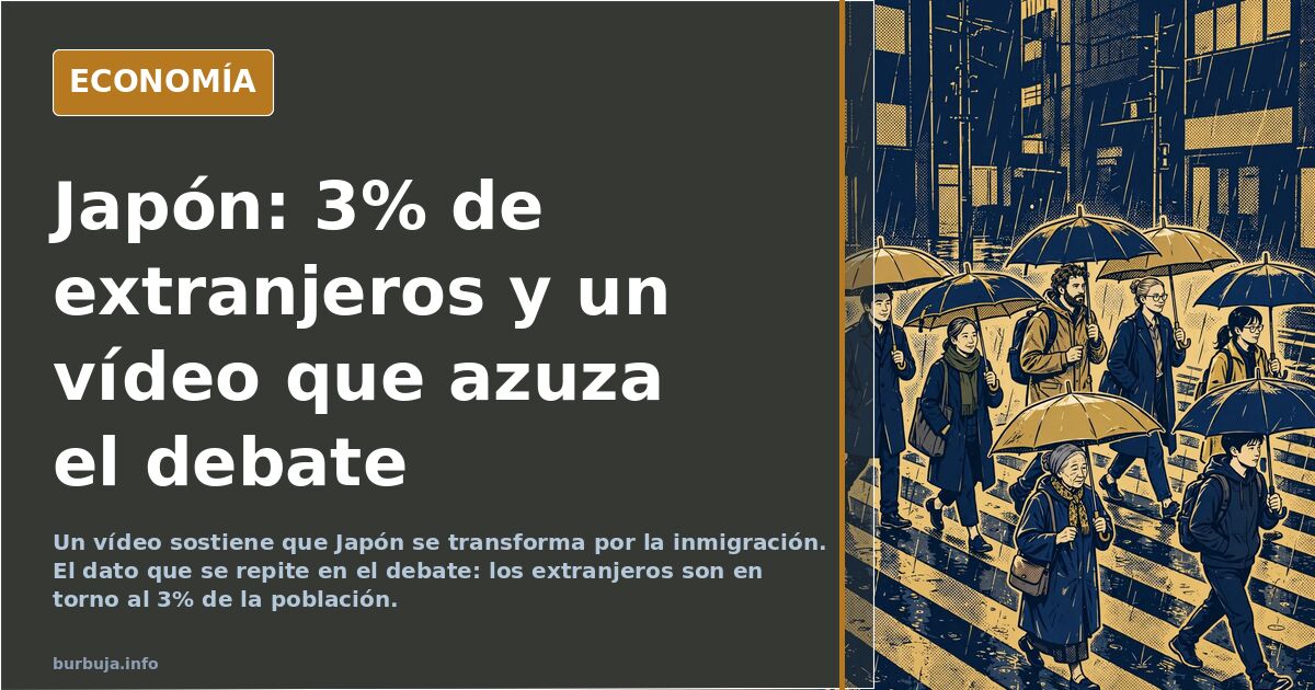 Ilustración editorial de un mapa de Japón con siluetas de personas cruzando fronteras y gráficos demográficos en azul marino 