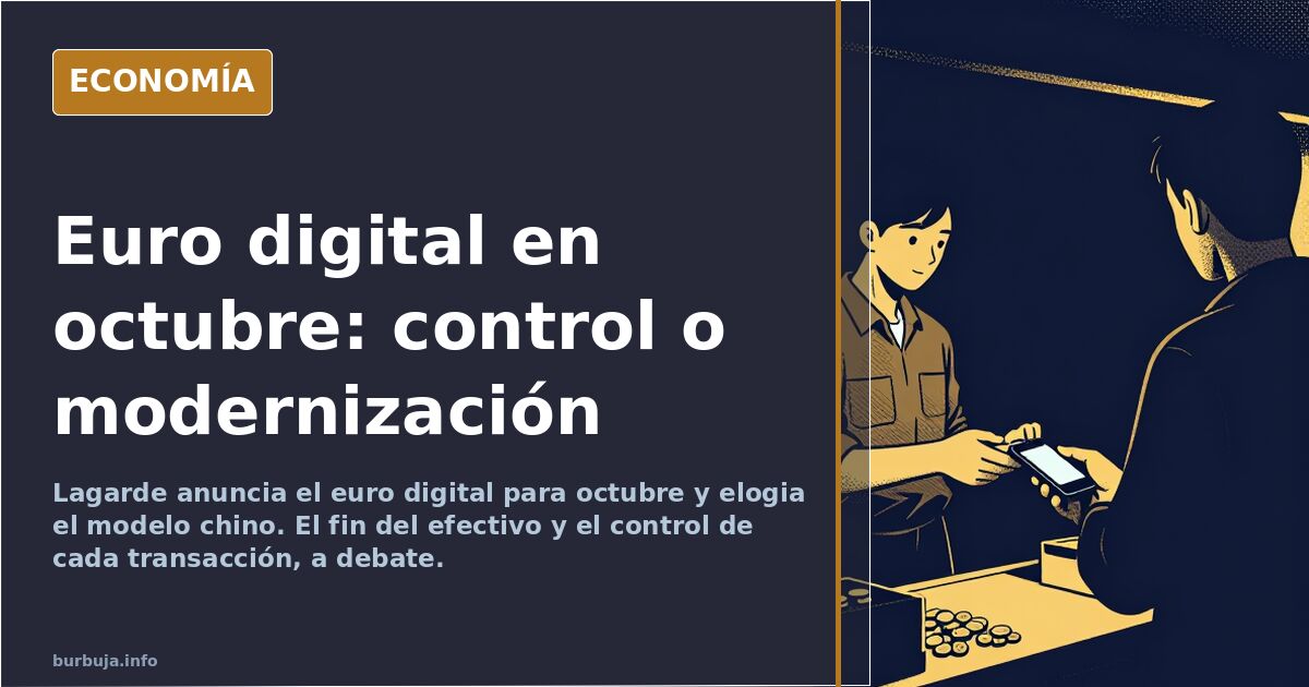 Ilustración editorial de una moneda digital europea con circuitos y un ojo de vigilancia sobre un fondo azul marino y dorado