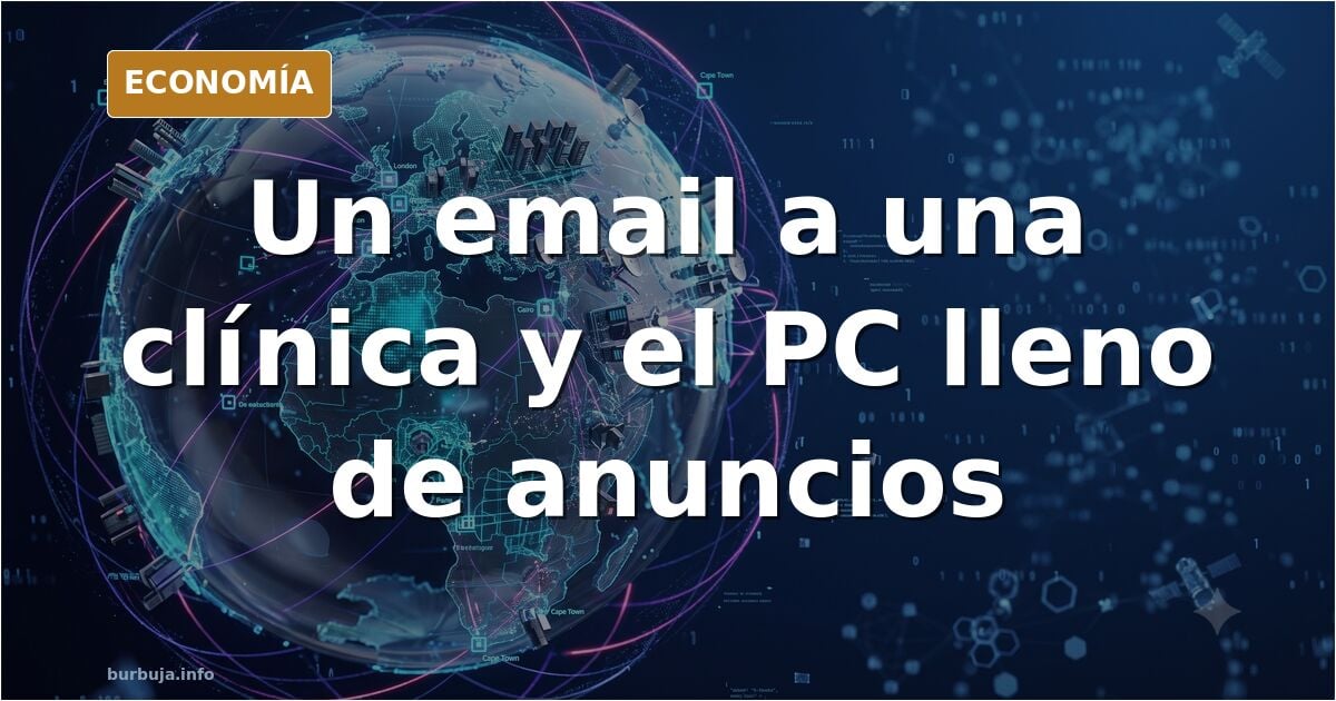 Ilustración editorial de un sobre de correo electrónico abierto del que salen anuncios de clínicas de estética hacia una pant