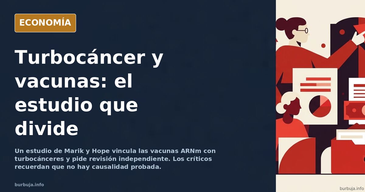Ilustración editorial de una vacuna y células tumorales bajo una lupa, en azul marino y dorado
