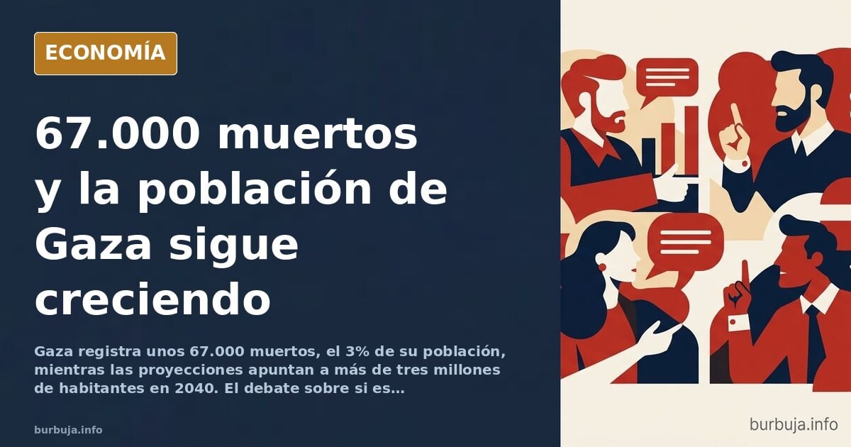Ilustración editorial de un gráfico de crecimiento poblacional frente a una columna de cifras de víctimas en Gaza