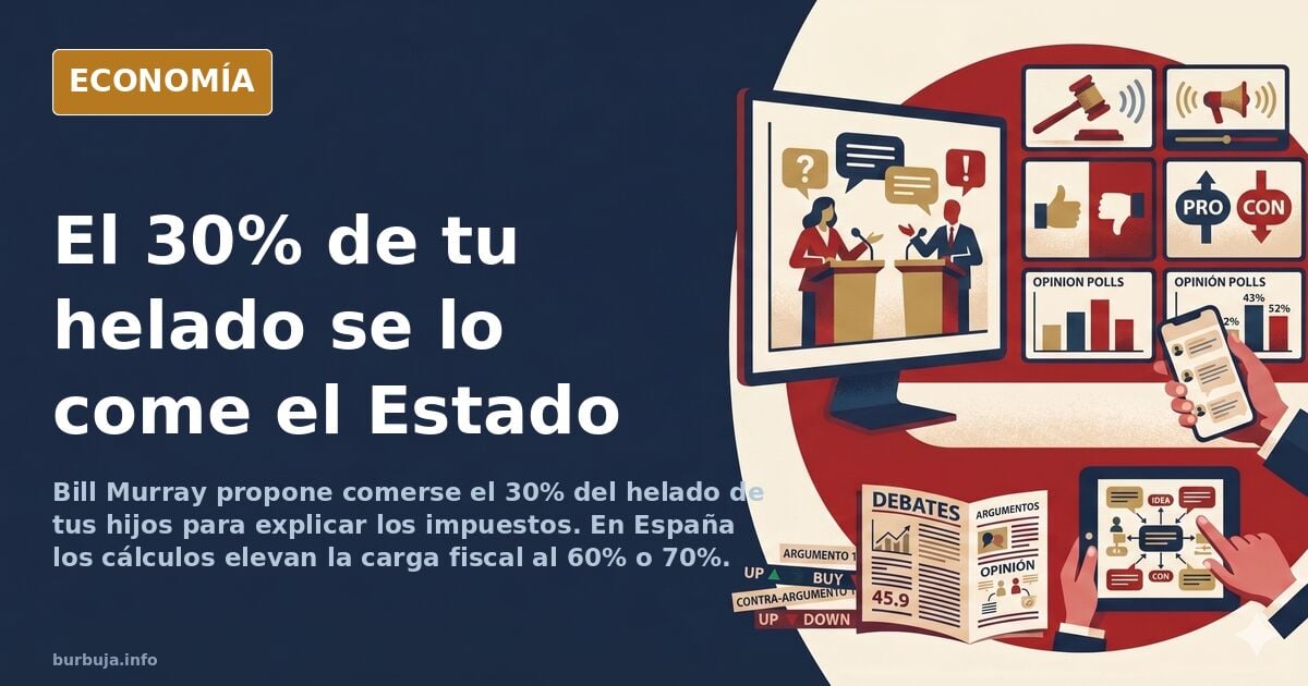 Ilustración editorial de un helado de cucurucho con una cuchara retirando parte del postre, símbolo de la carga fiscal