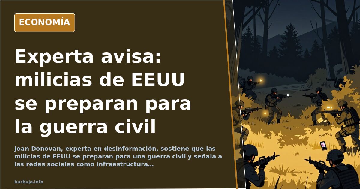 Ilustración editorial de una silueta de Estados Unidos dividida por una grieta, con figuras armadas a ambos lados y pantallas