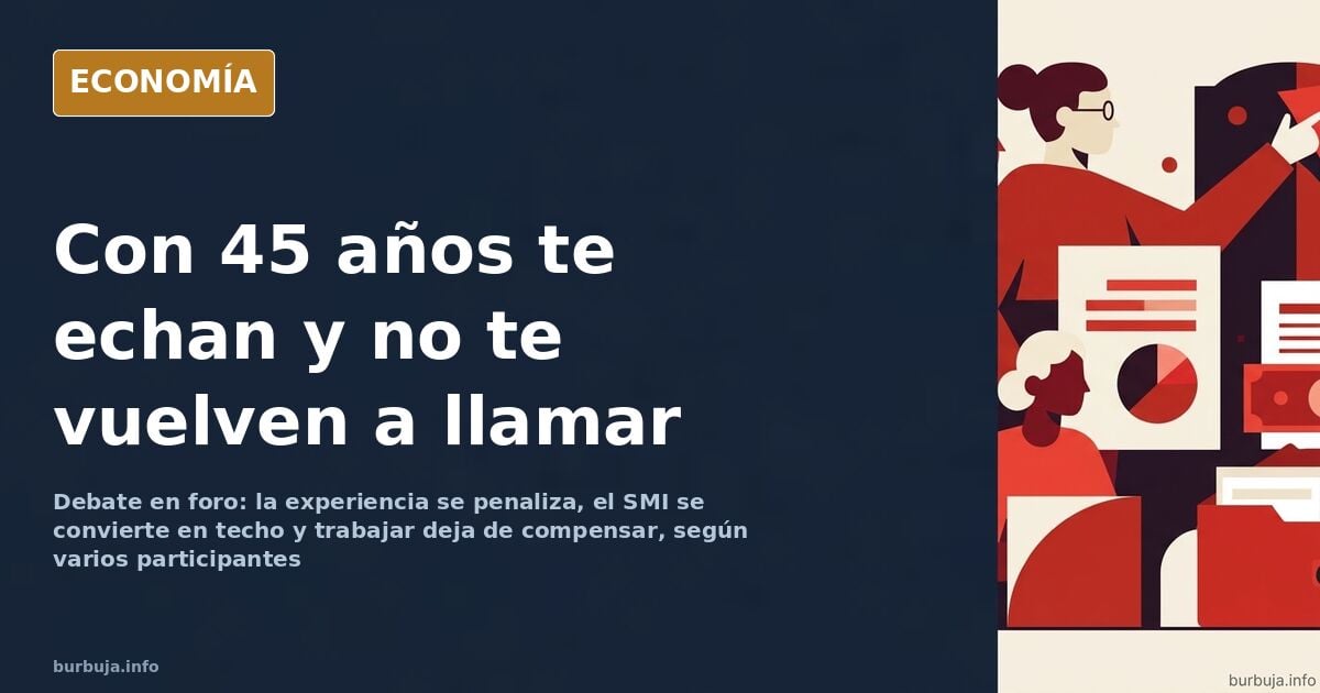 Ilustración editorial de un trabajador de mediana edad frente a una puerta cerrada en el mercado laboral español