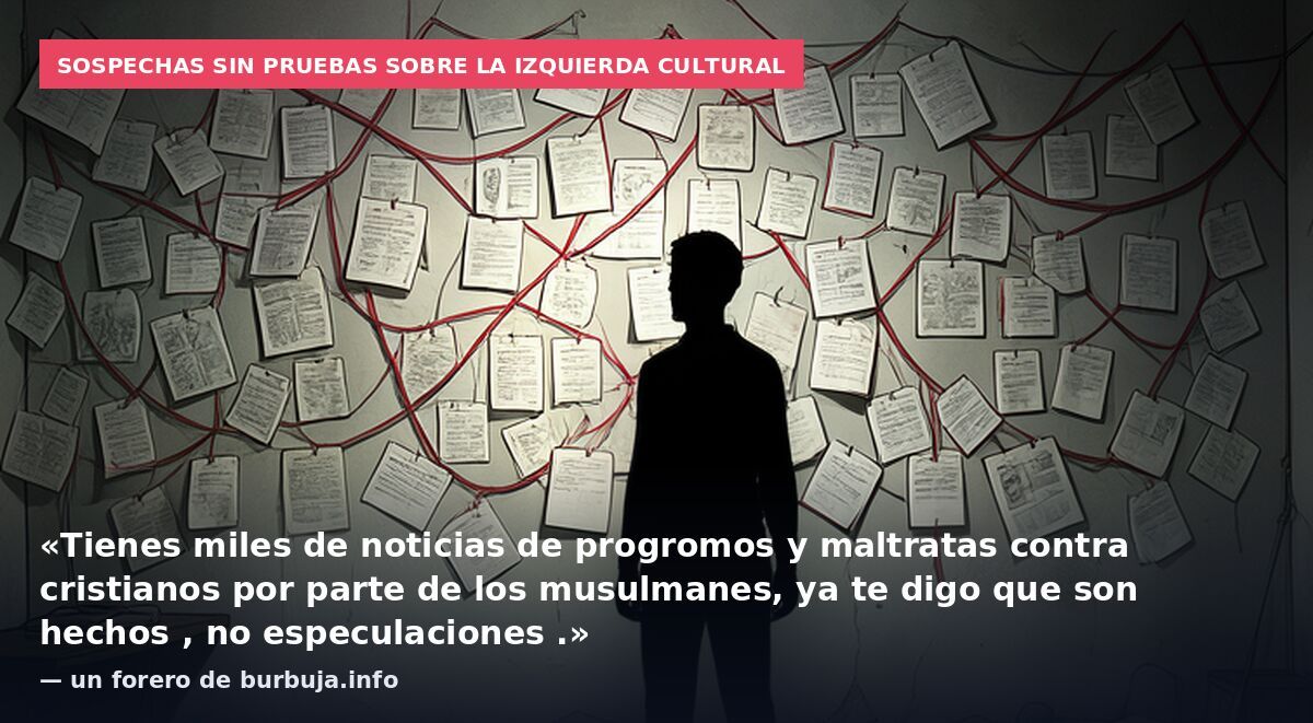 Sospechas sin pruebas sobre la izquierda cultural: «Tienes miles de noticias de progromos y maltratas contra cristianos por parte de los musulmanes, ya te digo que son hechos , no especulaciones .» — un forero de burbuja.info