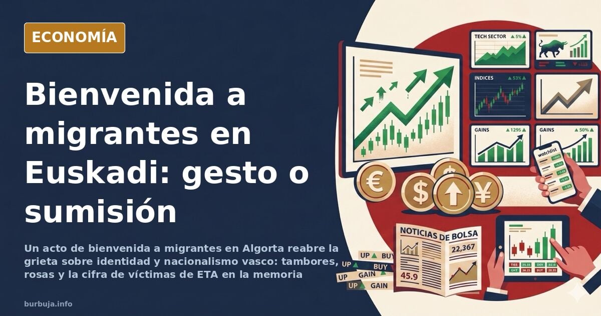 Ilustración editorial de un acto de bienvenida a migrantes en Euskadi con tambores y rosas en tonos azul marino y dorado