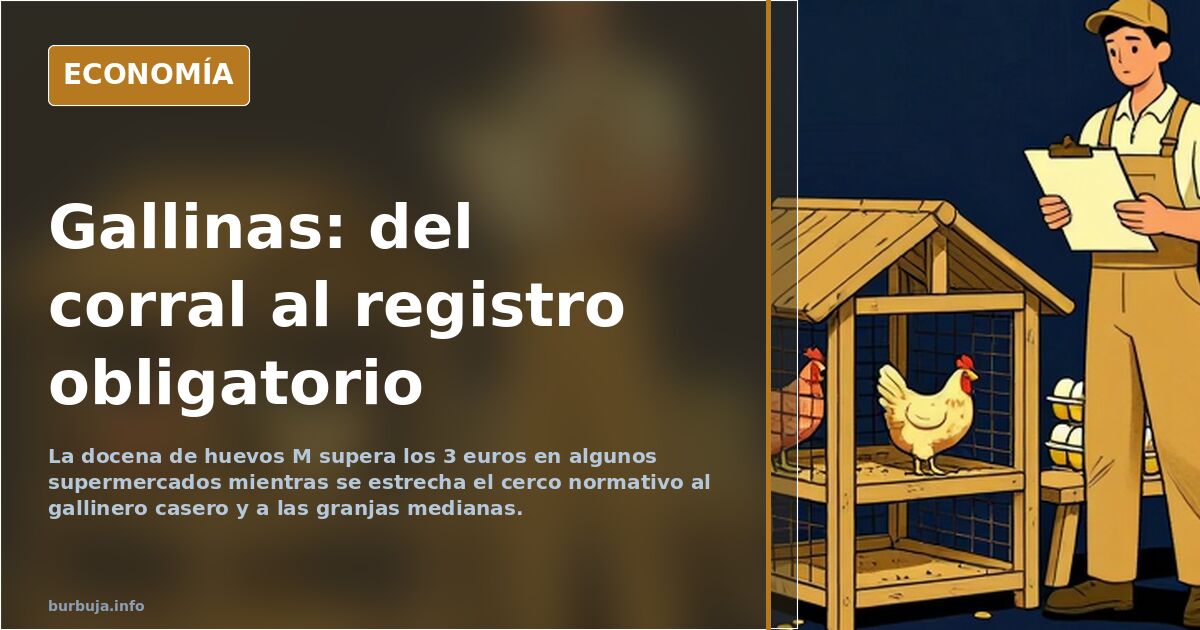 Gallinas ponedoras en un corral doméstico junto a formularios de registro obligatorio y un cartel de precio de huevos