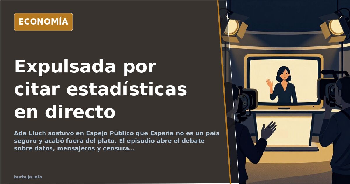 Ilustración editorial de un plató de televisión vacío con estadísticas impresas sobre la mesa y un micrófono apagado