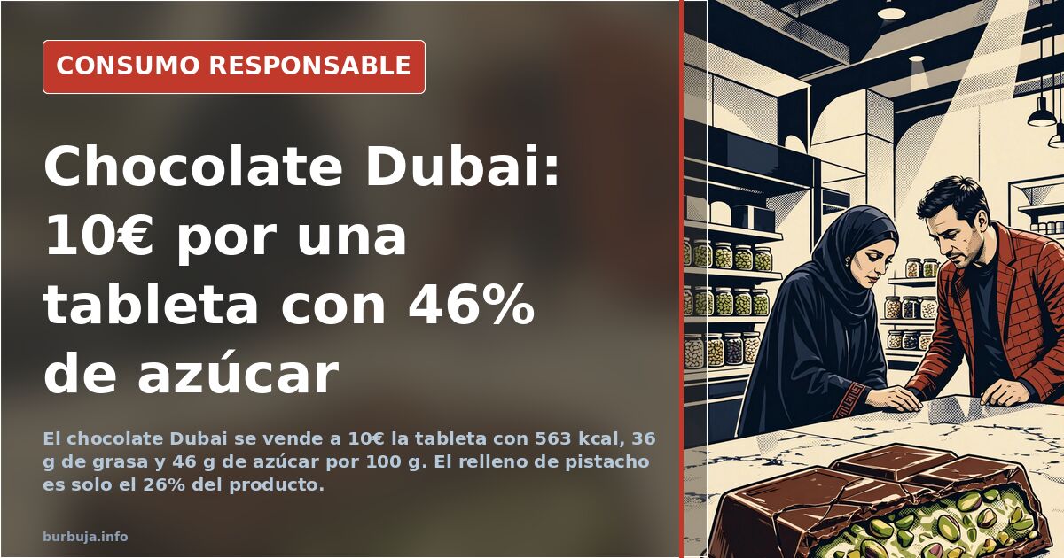 Chocolate Dubai: 563 kcal y 46% azúcar por tableta de 10€