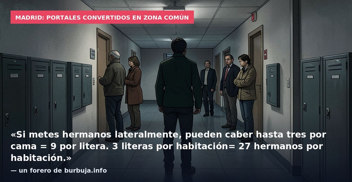 Madrid: portales convertidos en zona común: «Si metes hermanos lateralmente, pueden caber hasta tres por cama = 9 por litera. 3 literas por habitación= 27 hermanos por habitación.» — un forero de burbuja.info