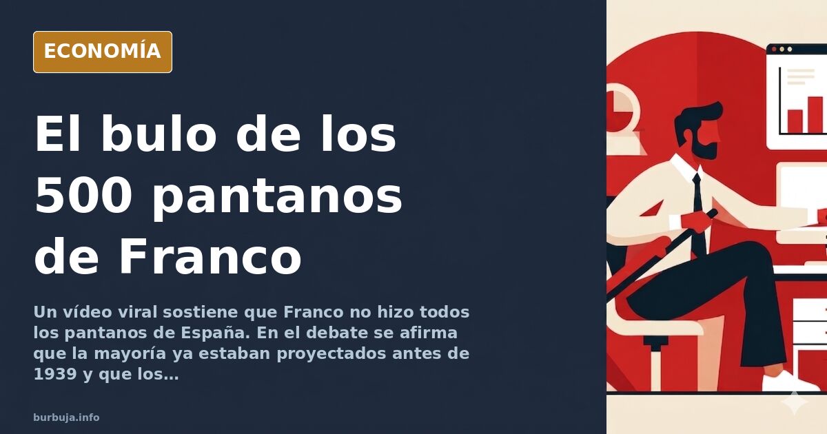 Ilustración editorial de un pantano con una presa de hormigón y siluetas de trabajadores, en tonos azul marino y dorado